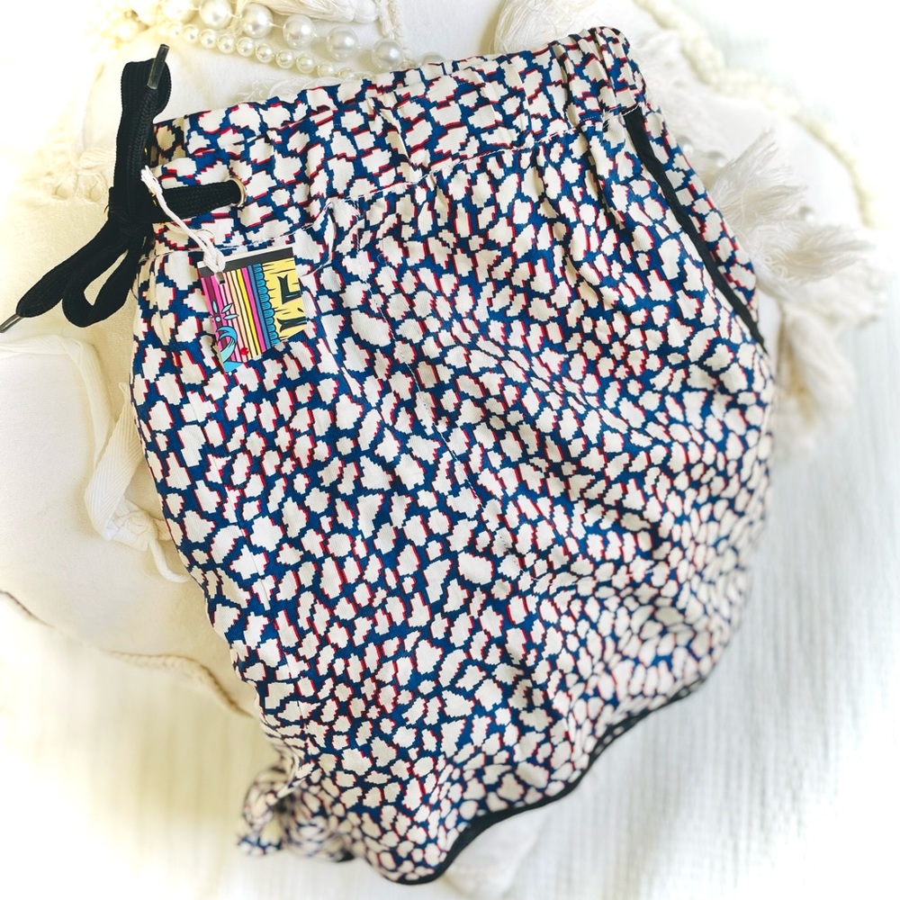 SOLD✨Mads Nørgaard | M/L | Silk Pixel Popo Black Red Blue Drawstring Shorts NWOT - Picture 2 of 13